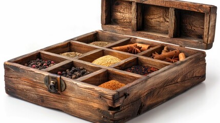 Vintage Wooden Box with Multiple Compartments for Organizing and Displaying Spices Herbs and Other Culinary Ingredients