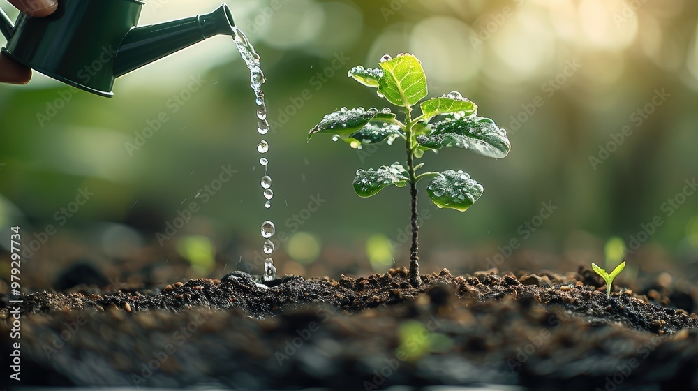 Aufkleber a small tree growing from the ground, beside the tree is a hand holding a watering can watering the 