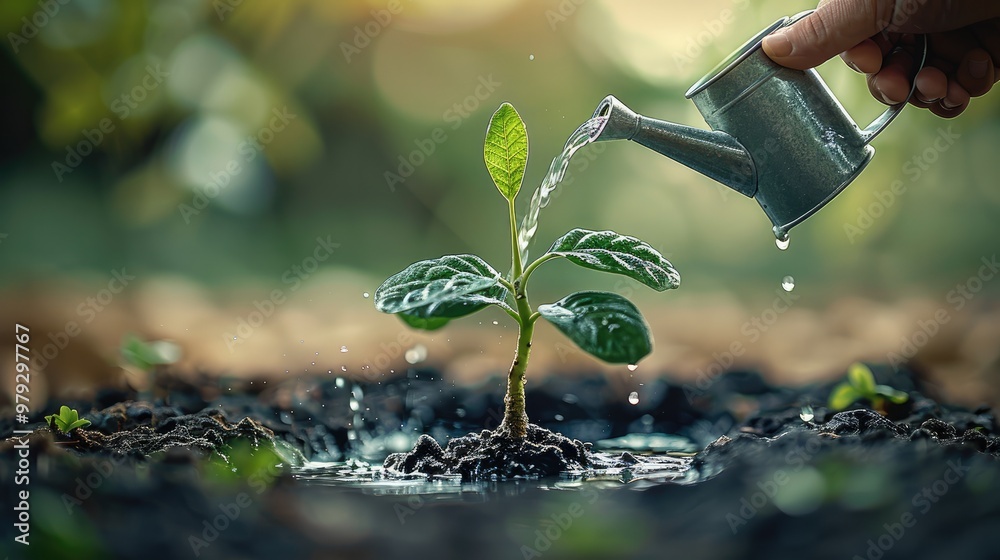 Poster a small tree growing from the ground, beside the tree is a hand holding a watering can watering the 