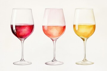 3 glasses of wine in red, pink, and yellow, watercolor illustration set on a light background in gentle pastel tones