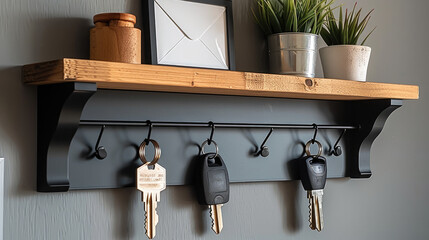 A black wall shelf with three small key hooks and one wooden bar above it, holding an envelope in the center of which is a photo frame. The keys hang on two other shelves below the picture frame.