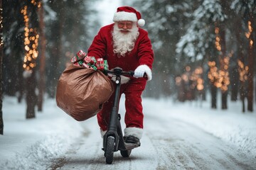 Santa Claus rides a scooter through a snowy forest path while holding a sack of presents, embodying modern holiday spirit with a cheerful, festive vibe.