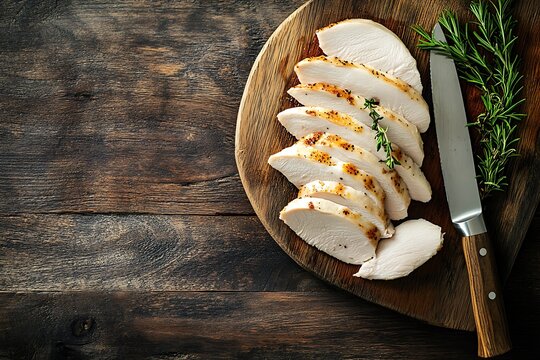 Raw chicken leg with fresh garlic and spices on a wooden board