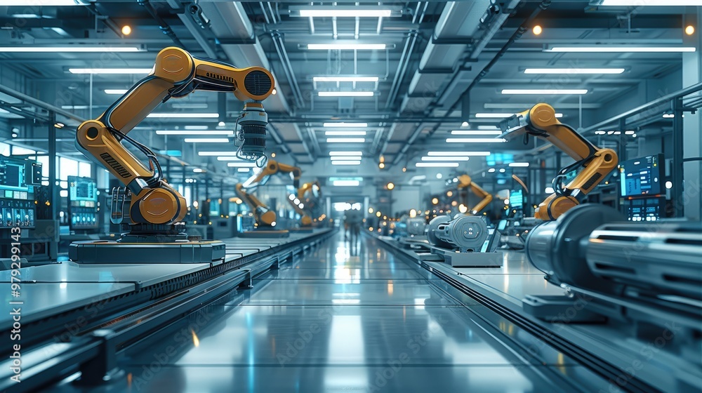 Aufkleber A modern factory hall with robotic arms and digital screens, displaying product data on holographic displays, surrounded by advanced machinery and computers in the background. industrial atmosphere.