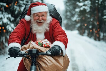 Santa Claus joyfully rides a bicycle through a snowy landscape, with a large sack full of gifts, capturing the excitement of Christmas in a whimsical setting.