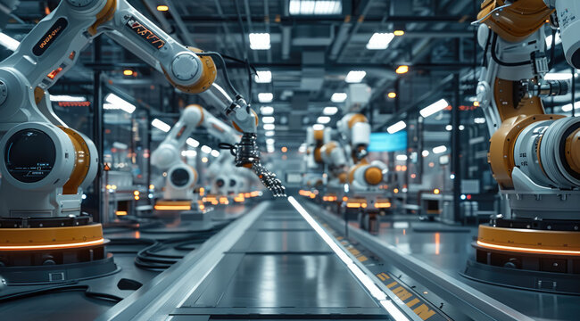 A modern factory hall with robotic arms and digital screens, displaying product data on holographic displays, surrounded by advanced machinery and computers in the background. industrial atmosphere.