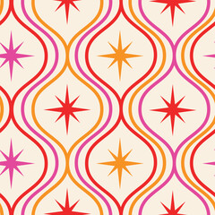 Mid century modern atomic starbursts on pink, orange and red ogee oval waves seamless pattern. For home décor, wallpaper and textile
