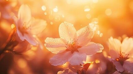 A close-up of sakura flowers drenched in golden sunset light, with the petals glowing softly in the warm hues.