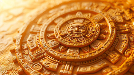 Obraz premium An intricately carved Aztec sunstone with symbols representing the Aztec calendar,