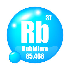 Rubidium icon. Rb chemical element. Atomic number 37. Mass 85.468. Blue sphere image. Vector symbol.