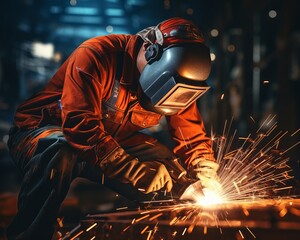 Skilled welder working in an industrial workshop during evening hours with sparks flying