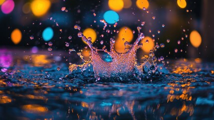 Fototapeta premium A close-up of water splashing from a fountain at night, with colored lights illuminating the water droplets.