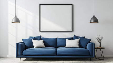 Empty photo frame behind a blue sofa in the living room - ai generative