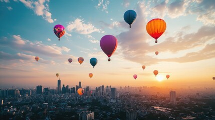 A collection of balloons floating high above a city skyline, their vibrant colors standing out against the urban backdrop and open sky