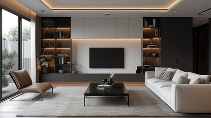 Modern minimalist living room, with a white sofa and black cabinet combination, light gray walls with simple bookshelves in a dark wood color. A large TV hangs above a long leather chair.