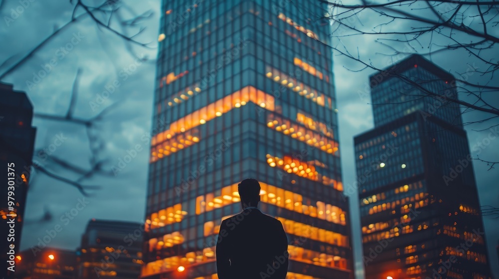 Poster skyscraper from outside at dusk time, silhouette man in office window. generative ai.