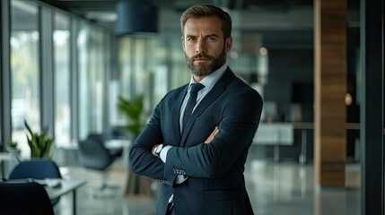 Fototapeta premium A confident businessman in a tailored suit, standing in a modern office with arms crossed, exuding professionalism and style