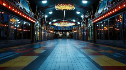 A desolate funhouse standing quietly in an empty amusement park, with bright lights and mirrors reflecting an empty space.