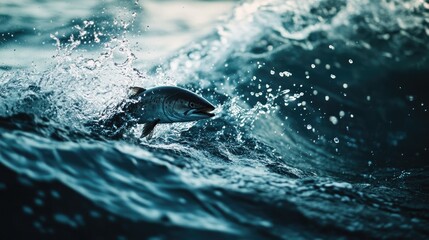 A fish breaking through the surface of the ocean, with waves and water droplets frozen mid-air against a vast sea backdrop