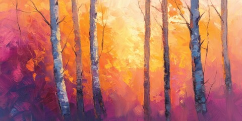 Obraz premium A vibrant landscape of trees against a warm, colorful backdrop, evoking tranquility and beauty.