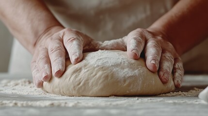 A person kneading dough on a table with flour, AI