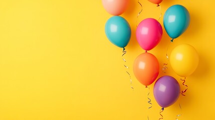 Yellow background featuring an array of colorful balloons, ideal for party and celebration themes. 