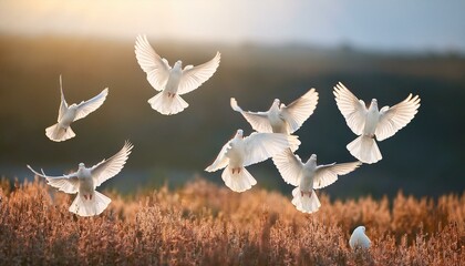 Graceful white doves flying 