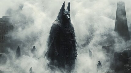 Ethereal and Haunting Vision of the Egyptian God of the Dead,Anubis,Surrounded by Mist and Shadows