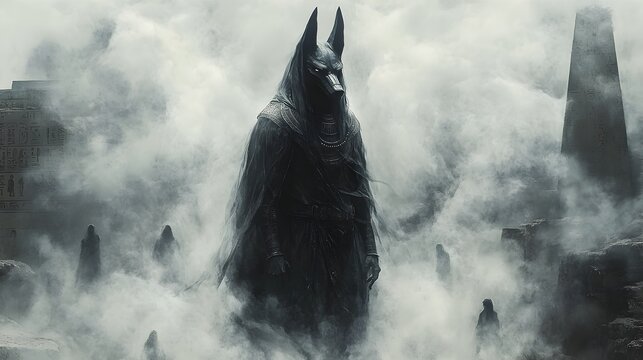 Ethereal and Haunting Vision of the Egyptian God of the Dead,Anubis,Surrounded by Mist and Shadows