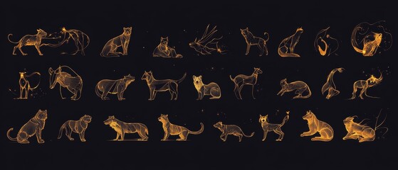 One line animal silhouettes, elegant and abstract, featuring various species in a seamless and connected artistic flow