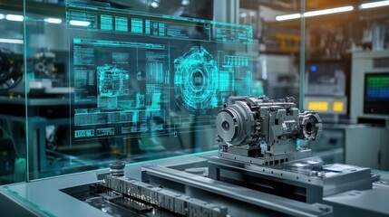 An advanced CNC machine performing automated drilling on a car engine component in a high-tech factory