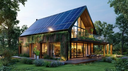 A sustainable smart home with innovative transparent solar panels, demonstrating future energy efficiency and eco-conscious living
