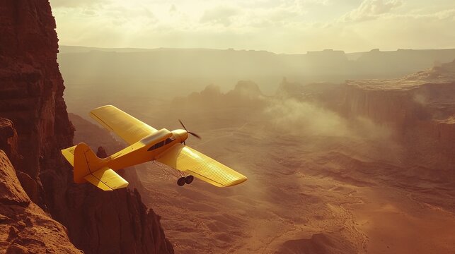 Yellow plane flying over desert canyon.