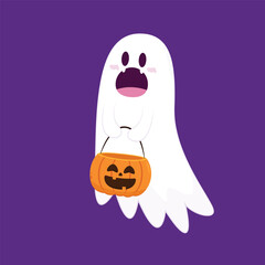 Cute ghost floating with Halloween pumpkin basket for Trick or Treat. Funny spooky boo character. Spook phantom with happy smiling face expression. Isolated kids flat vector illustration.