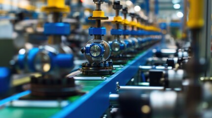 An assembly line for industrial valves, where workers are meticulously assembling and testing each unit