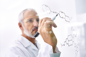 Chemistry, board and science with man in laboratory for writing, rh blood group and enzyme formula....
