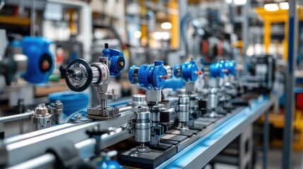 Fototapeta premium An assembly line for industrial valves, where workers are meticulously assembling and testing each unit