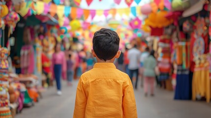Obraz premium A child in an orange shirt gazes at a vibrant market filled with colorful decorations and cheerful atmosphere.