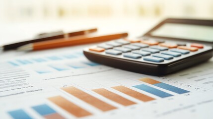 A close-up of a calculator on financial documents with graphs and charts, showcasing modern accounting and analysis.