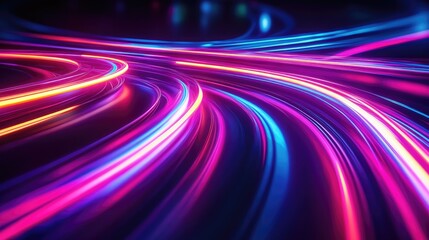 Neon light beams curve and swirl against a dark background, creating a vibrant and energetic abstract pattern.