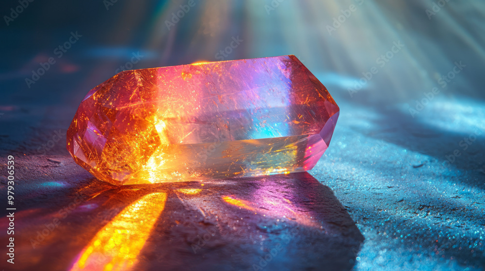 Poster A single beam of light passing through a crystal prism, splitting into a rainbow spectrum of colors,