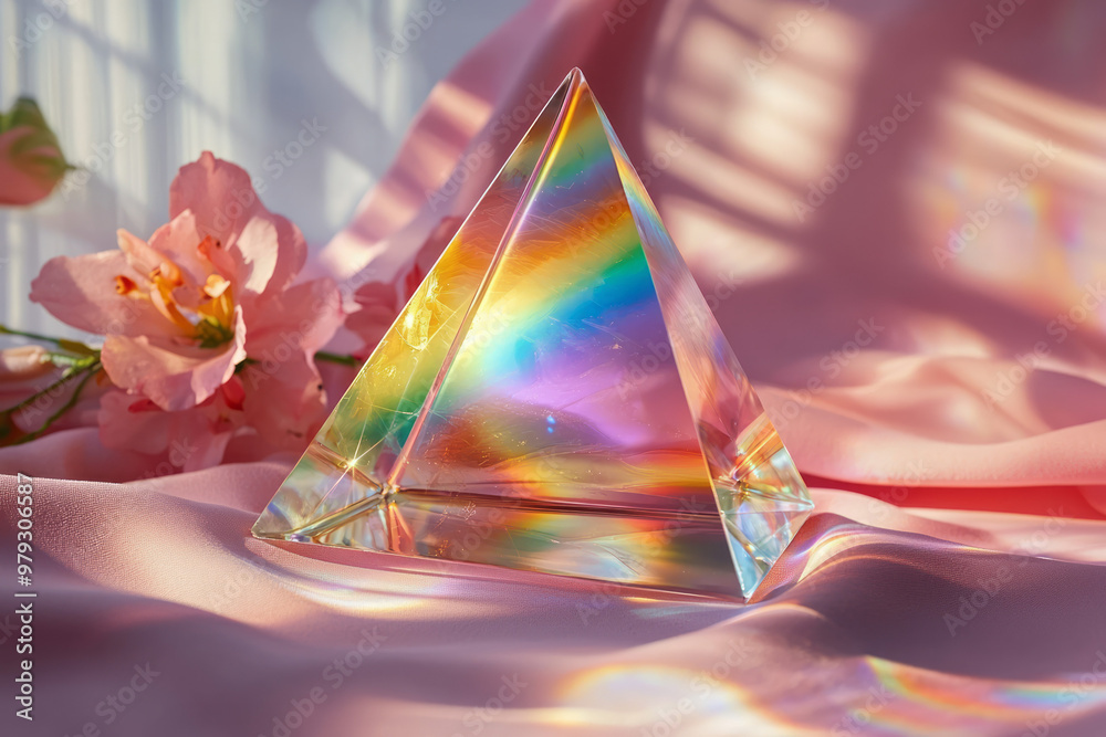 Poster a floating glass prism casting multiple soft rainbow reflections on a pastel pink background,