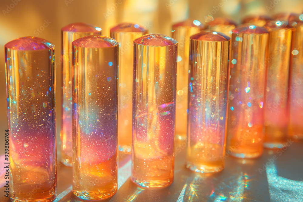 Poster An array of tiny prisms aligned in a row, each refracting light into tiny rainbows,
