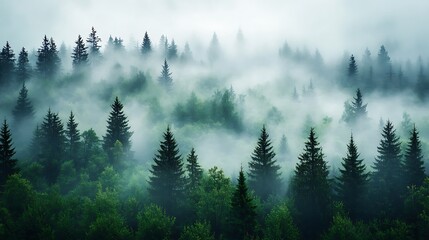 A misty morning forest with trees shrouded in fog and distant mountains