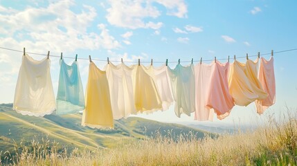 A row of pastel-colored dresses and shirts fluttering in the breeze on a clothesline against a backdrop of rolling hills and blue skies.