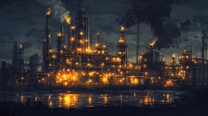 Fototapeta premium An oil refinery at night, lit by the glow of flares and safety lights