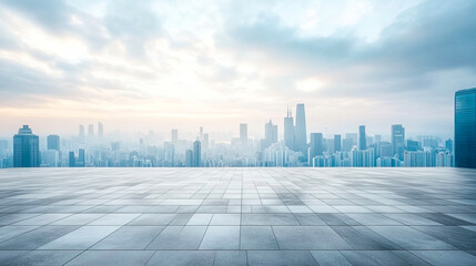 Empty tile floor with city skyscrapers in the background
