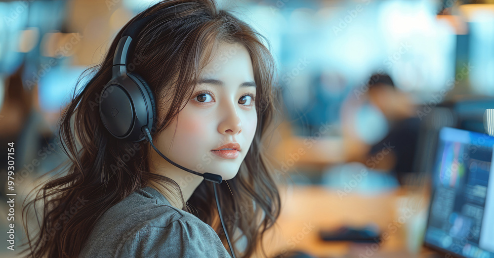 Poster an Asian woman sitting at her desk in workplace, wearing headphones. Generative AI.