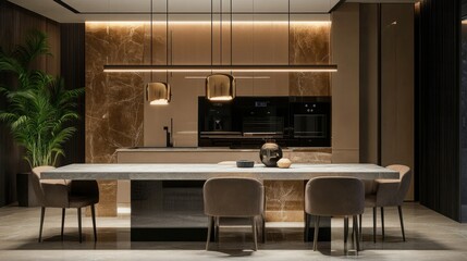 A set of designer pendant lamps hanging above a sleek marble dining table, enhancing the luxury feel of the space