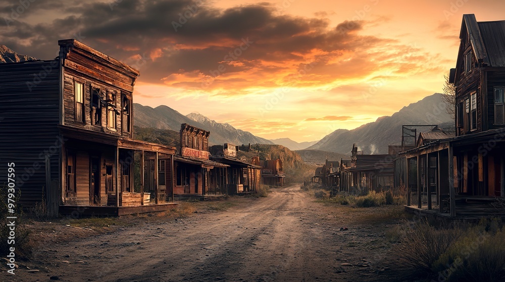 Sticker Dramatic sunset illuminating a row of abandoned wooden buildings on a dirt road of a wild west town with mountains in background 